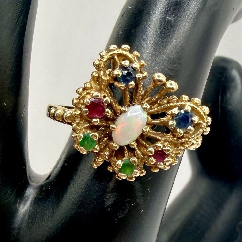 Vintage 10K Gold PSCO Butterfly Opal Cocktail Ring Gem Ornate Filigree Retro S 8